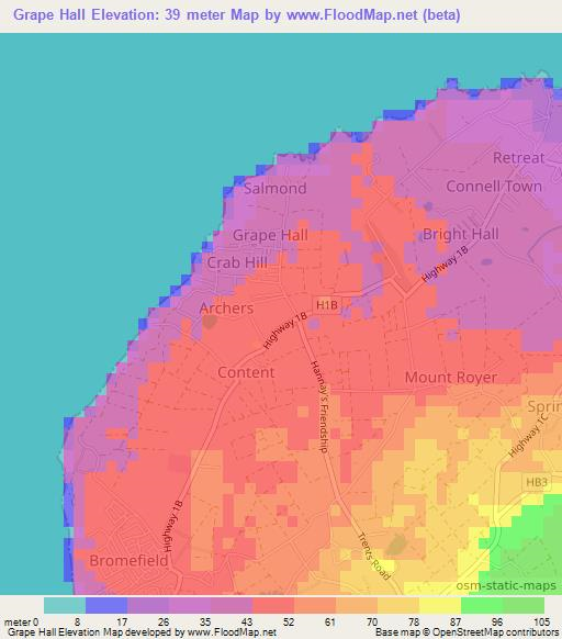 Grape Hall,Barbados Elevation Map
