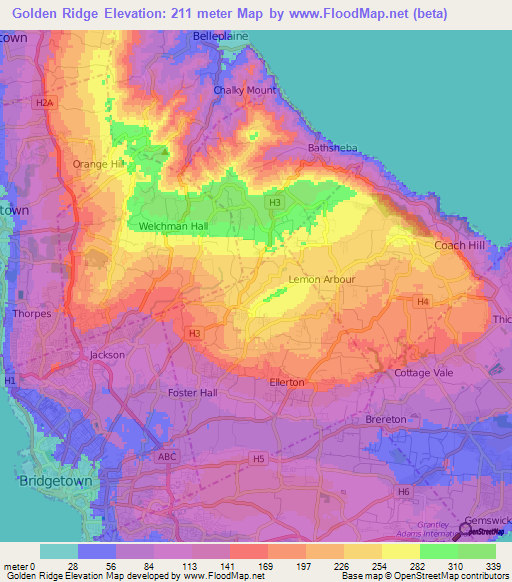 Golden Ridge,Barbados Elevation Map
