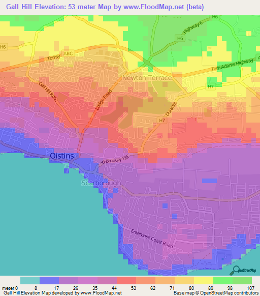 Gall Hill,Barbados Elevation Map