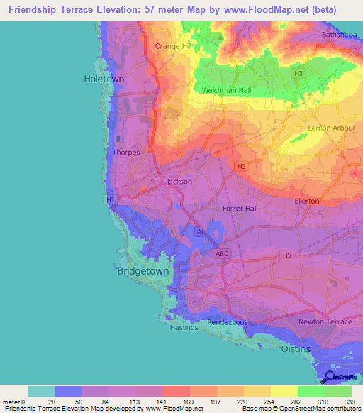 Friendship Terrace,Barbados Elevation Map