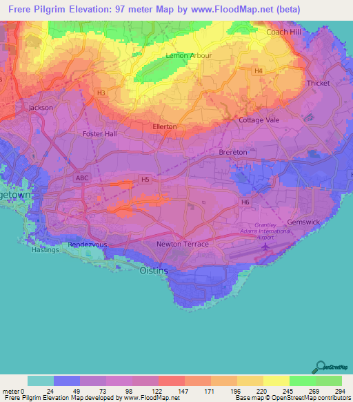 Frere Pilgrim,Barbados Elevation Map