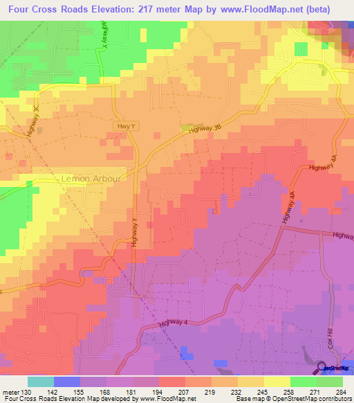 Four Cross Roads,Barbados Elevation Map