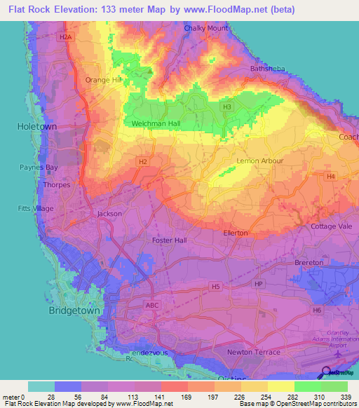 Flat Rock,Barbados Elevation Map