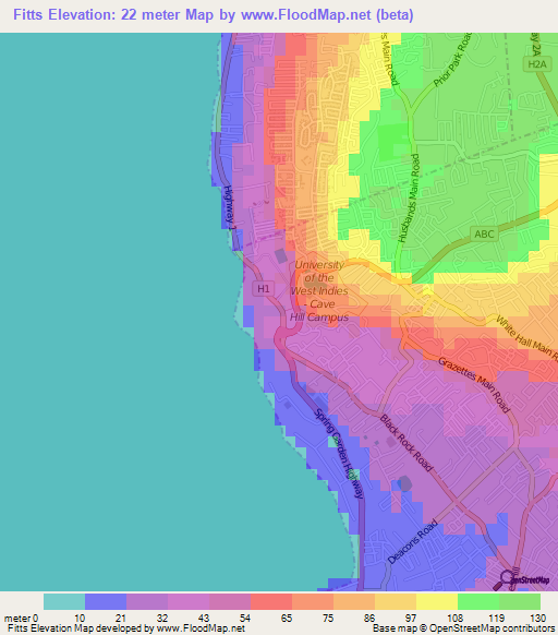 Fitts,Barbados Elevation Map