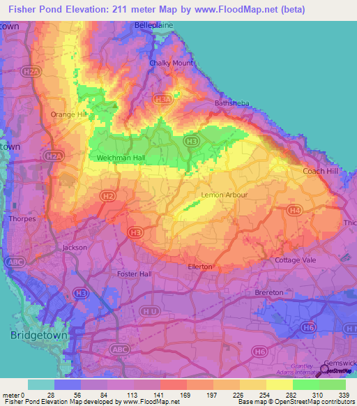 Fisher Pond,Barbados Elevation Map
