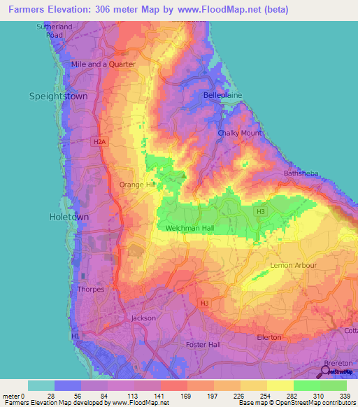 Farmers,Barbados Elevation Map