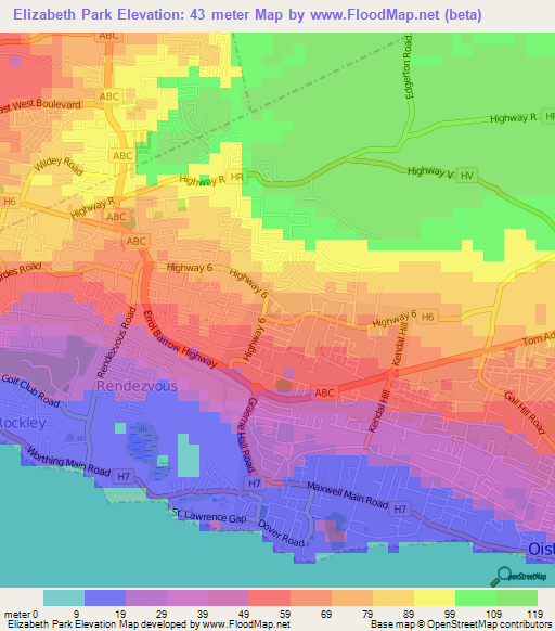 Elizabeth Park,Barbados Elevation Map