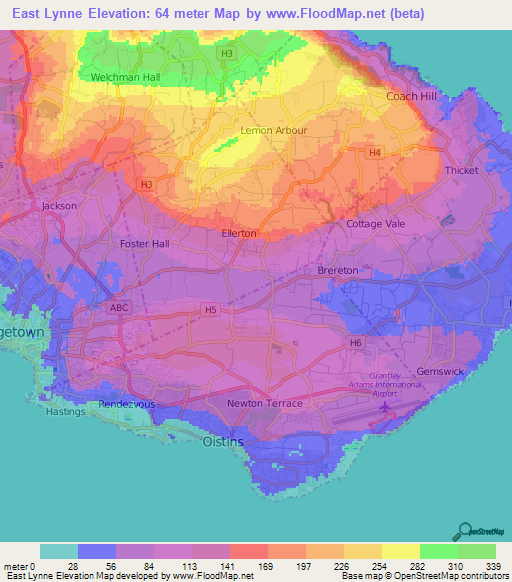 East Lynne,Barbados Elevation Map