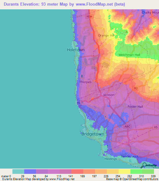 Durants,Barbados Elevation Map