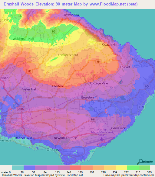 Draxhall Woods,Barbados Elevation Map