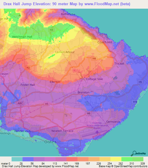 Drax Hall Jump,Barbados Elevation Map