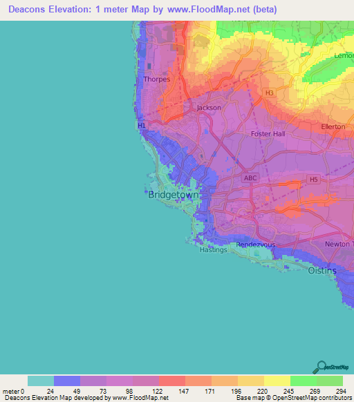 Deacons,Barbados Elevation Map
