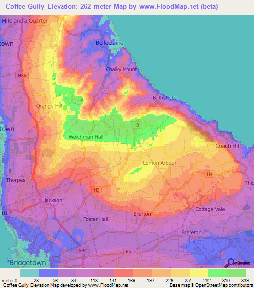 Coffee Gully,Barbados Elevation Map