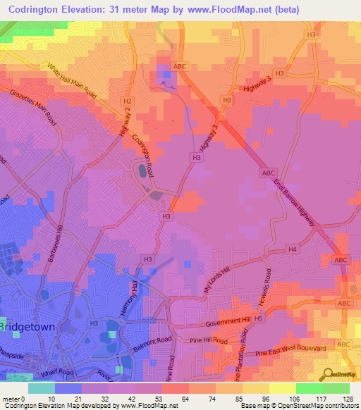 Codrington,Barbados Elevation Map