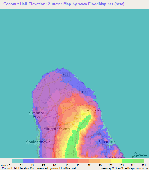 Coconut Hall,Barbados Elevation Map