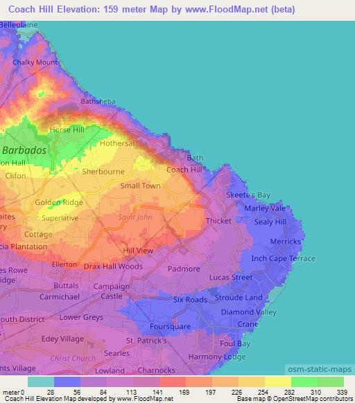 Coach Hill,Barbados Elevation Map