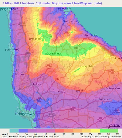 Clifton Hill,Barbados Elevation Map
