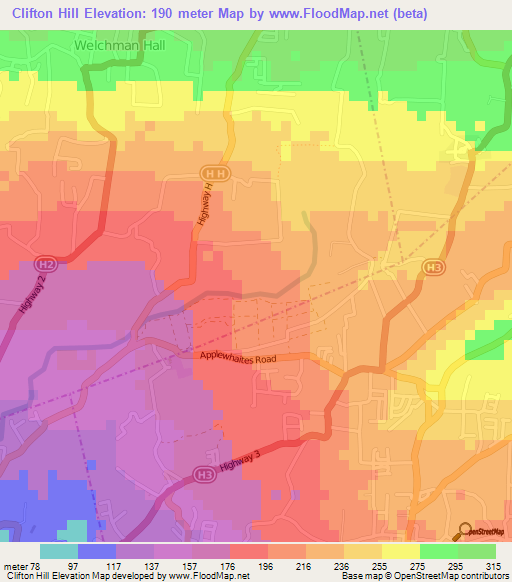 Clifton Hill,Barbados Elevation Map