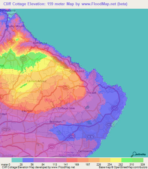 Cliff Cottage,Barbados Elevation Map