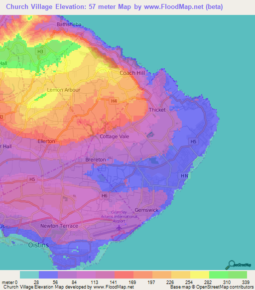 Church Village,Barbados Elevation Map