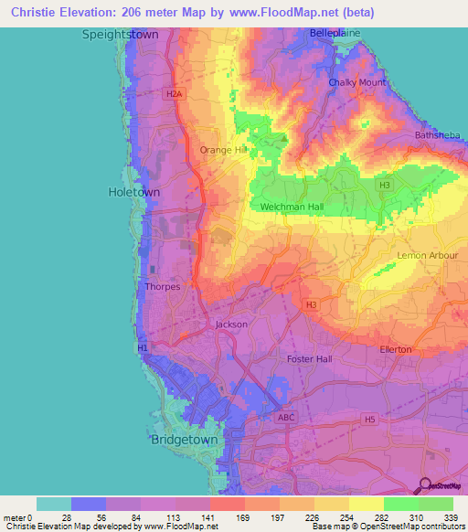Christie,Barbados Elevation Map