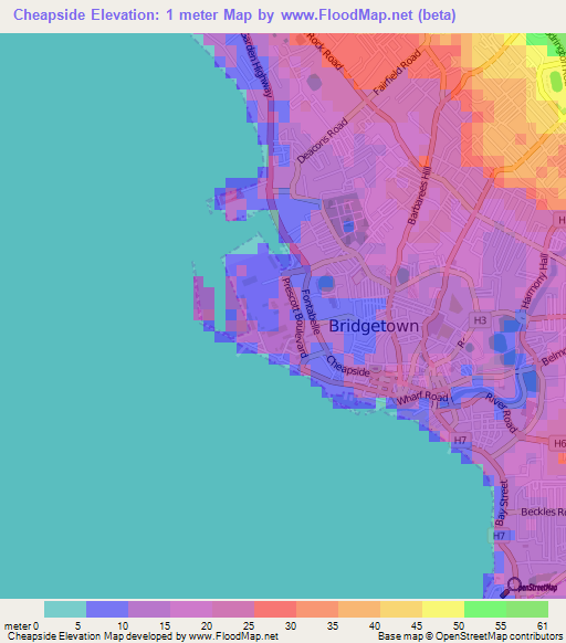 Cheapside,Barbados Elevation Map
