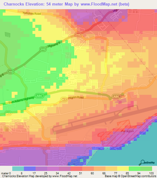 Charnocks,Barbados Elevation Map