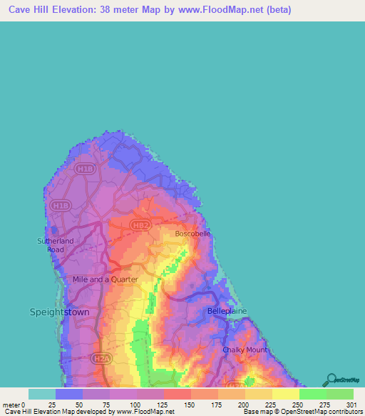 Cave Hill,Barbados Elevation Map