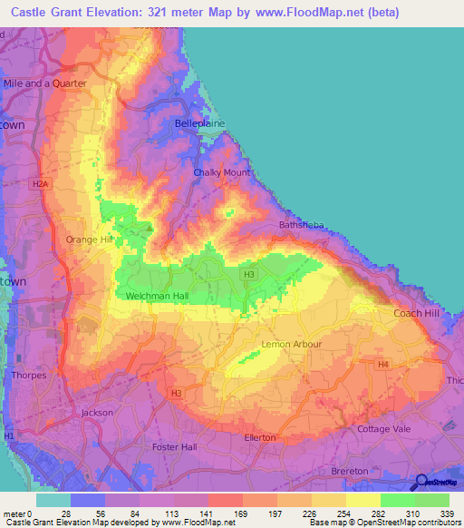 Castle Grant,Barbados Elevation Map