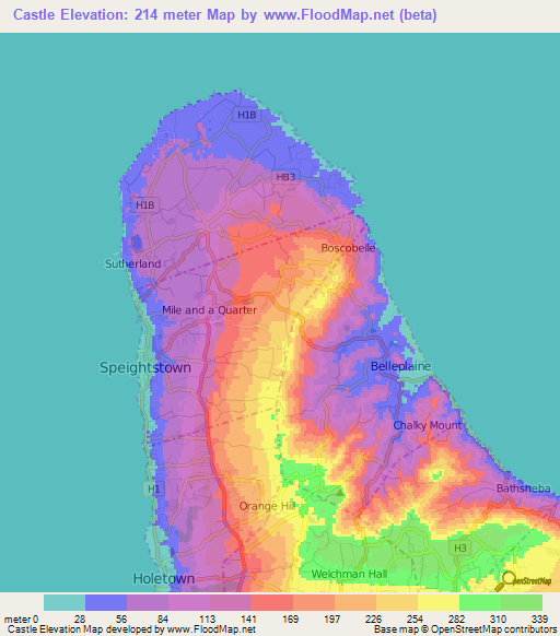 Castle,Barbados Elevation Map
