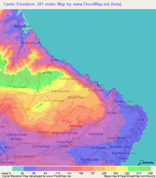 Carter,Barbados Elevation Map