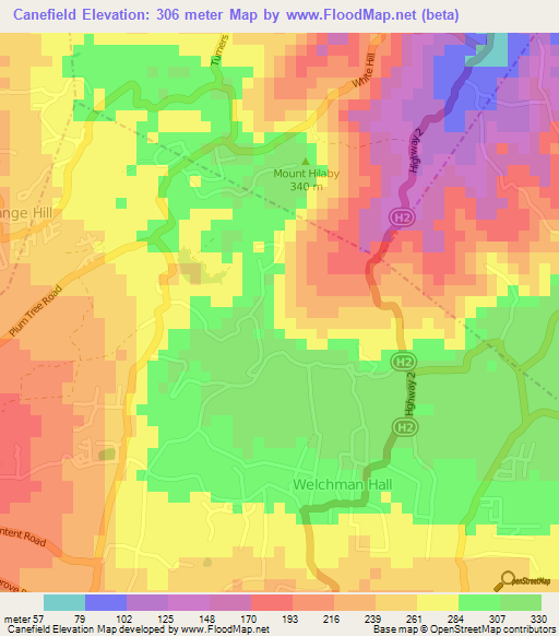 Canefield,Barbados Elevation Map