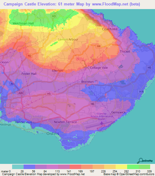 Campaign Castle,Barbados Elevation Map