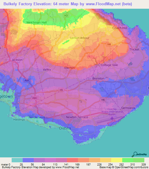 Bulkely Factory,Barbados Elevation Map