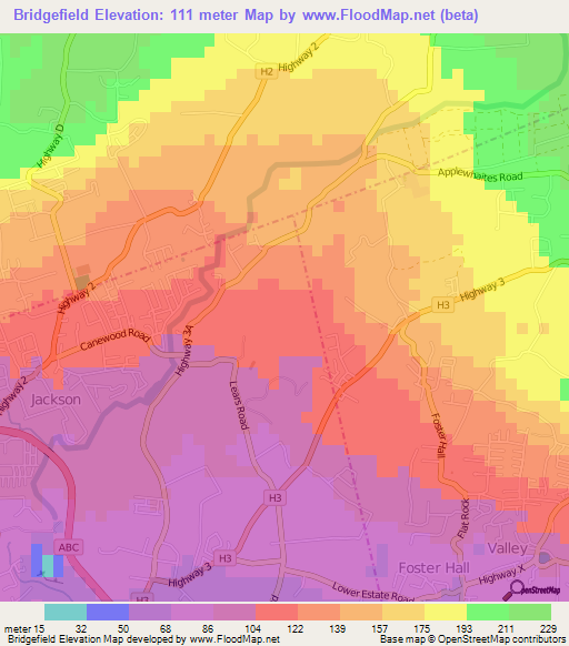 Bridgefield,Barbados Elevation Map