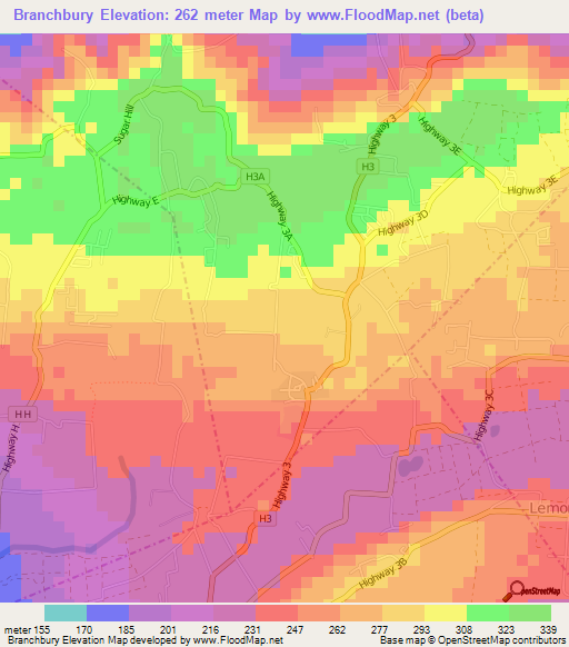 Branchbury,Barbados Elevation Map