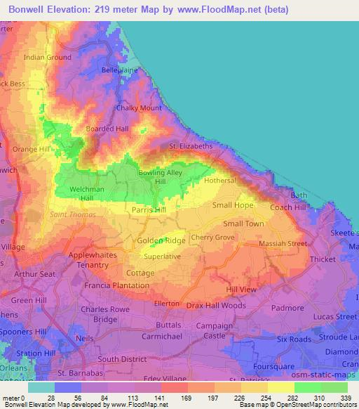 Bonwell,Barbados Elevation Map