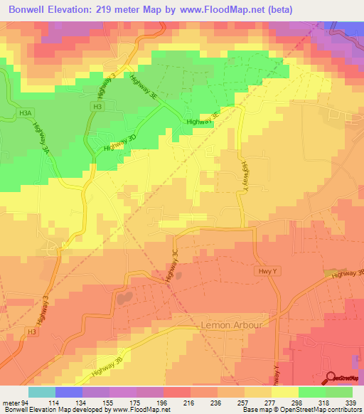 Bonwell,Barbados Elevation Map