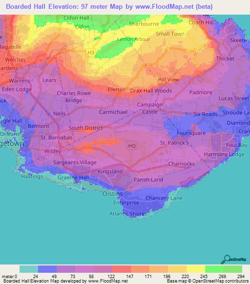 Boarded Hall,Barbados Elevation Map