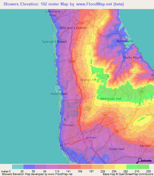 Blowers,Barbados Elevation Map
