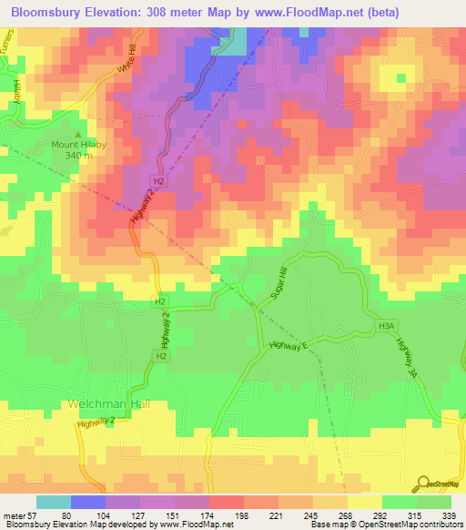 Bloomsbury,Barbados Elevation Map
