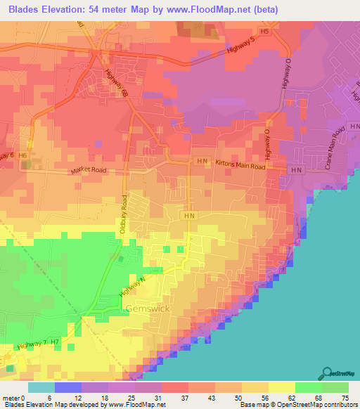 Blades,Barbados Elevation Map