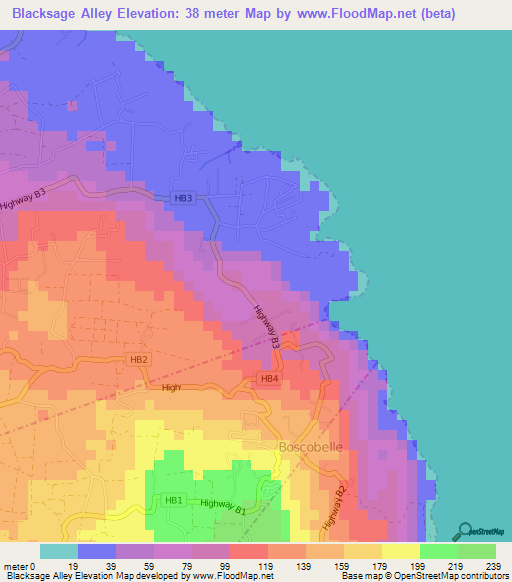 Blacksage Alley,Barbados Elevation Map