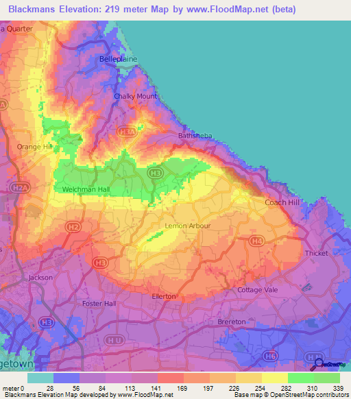 Blackmans,Barbados Elevation Map