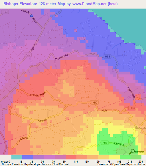 Bishops,Barbados Elevation Map