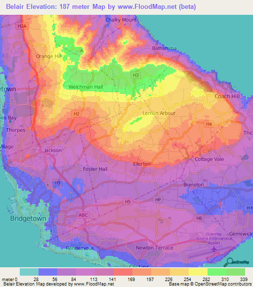 Belair,Barbados Elevation Map