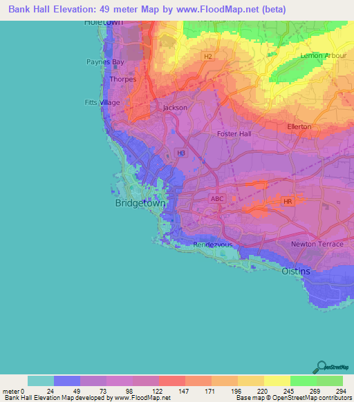 Bank Hall,Barbados Elevation Map
