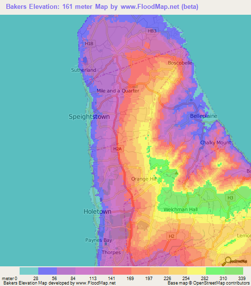 Bakers,Barbados Elevation Map