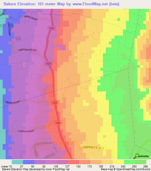 Bakers,Barbados Elevation Map