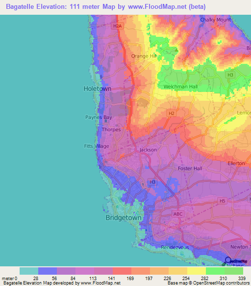 Bagatelle,Barbados Elevation Map
